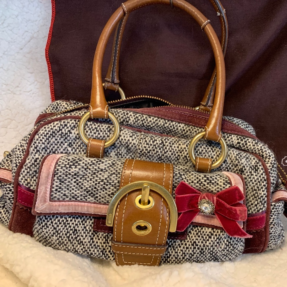 Coach 8F03 Ltd Edition Soho Black White Tweed Satchel Burgundy Suede Pink Velvet